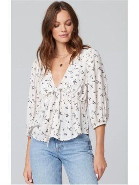 Saltwater Luxe White Floral Tie Front Blouse Size Large Boho Cottagecore Top